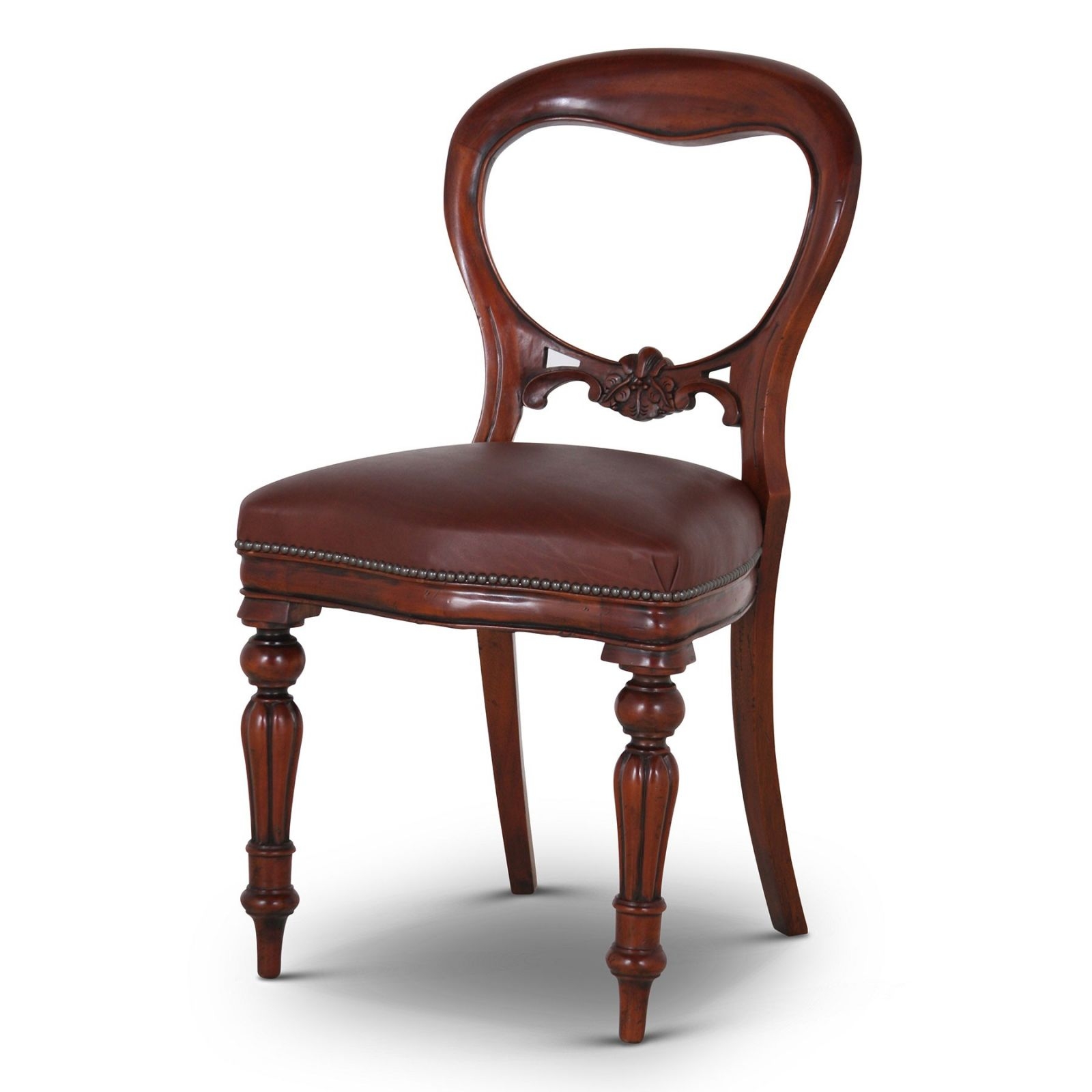 Victorian style balloon back dining chair with brown leather seat