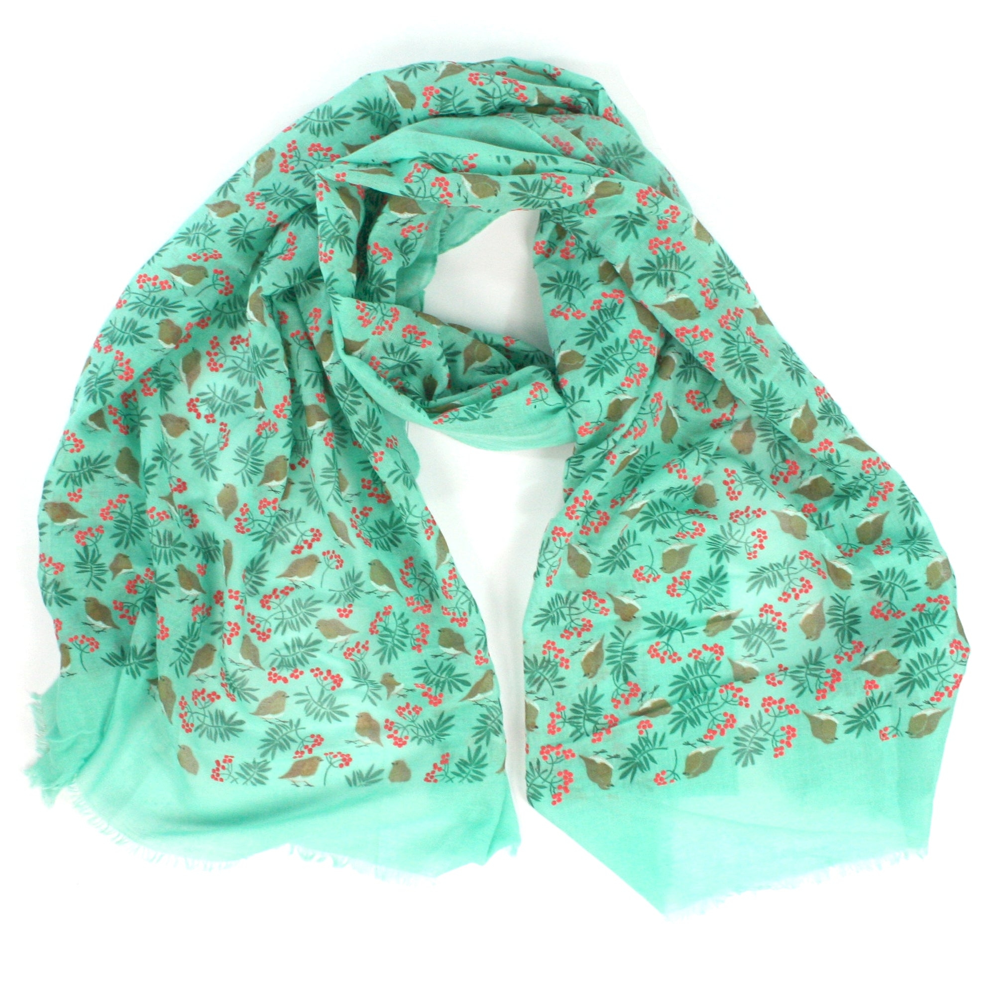 Robin Red Breast and Berries Christmas Scarf Green – Stylish & Luxurious – Unisex – The Scarf Giraffe
