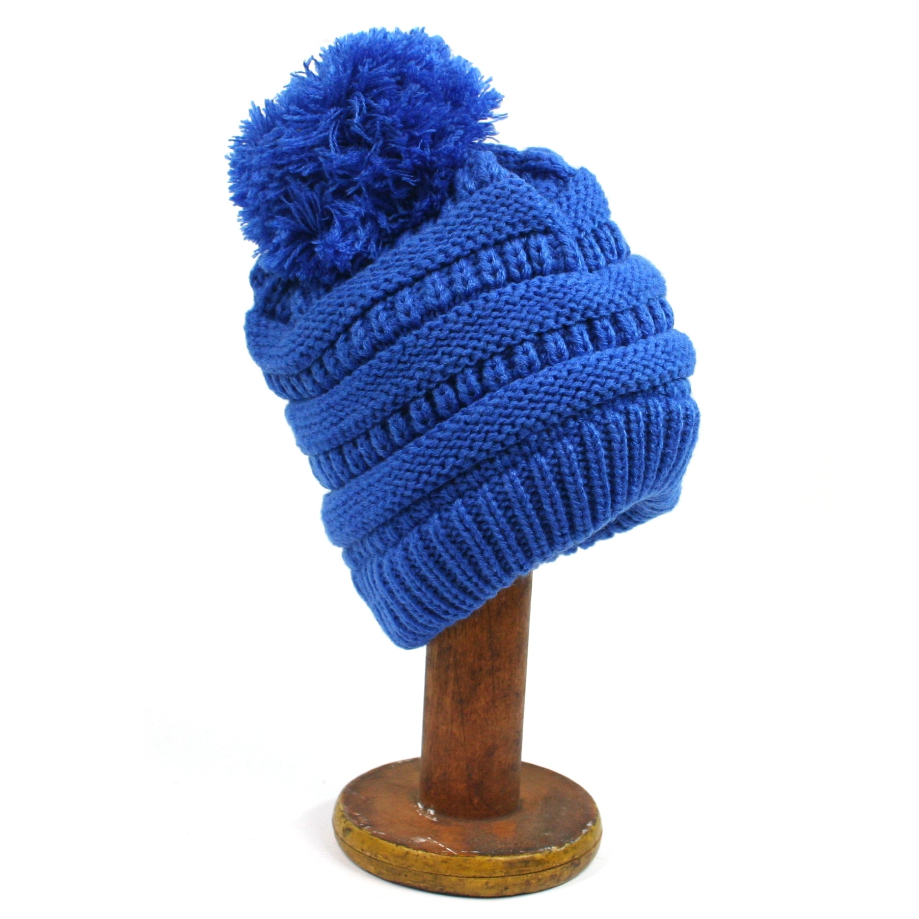 Childs Knitted Style Pom Pom Beanie Hat Blue – One Size Fits All Design – The Scarf Giraffe