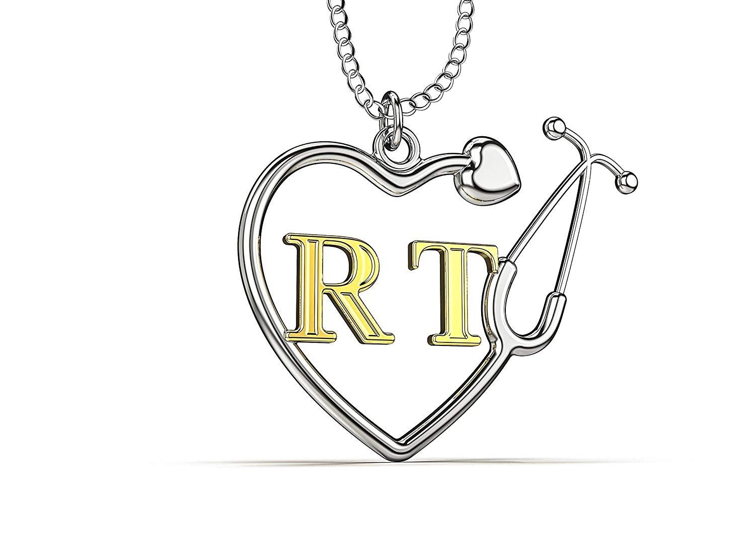 RT “Respiratory Therapist” Heart Shaped Stethoscope Necklace 18″ – Silver – Alloy – Caring Hands Gifts