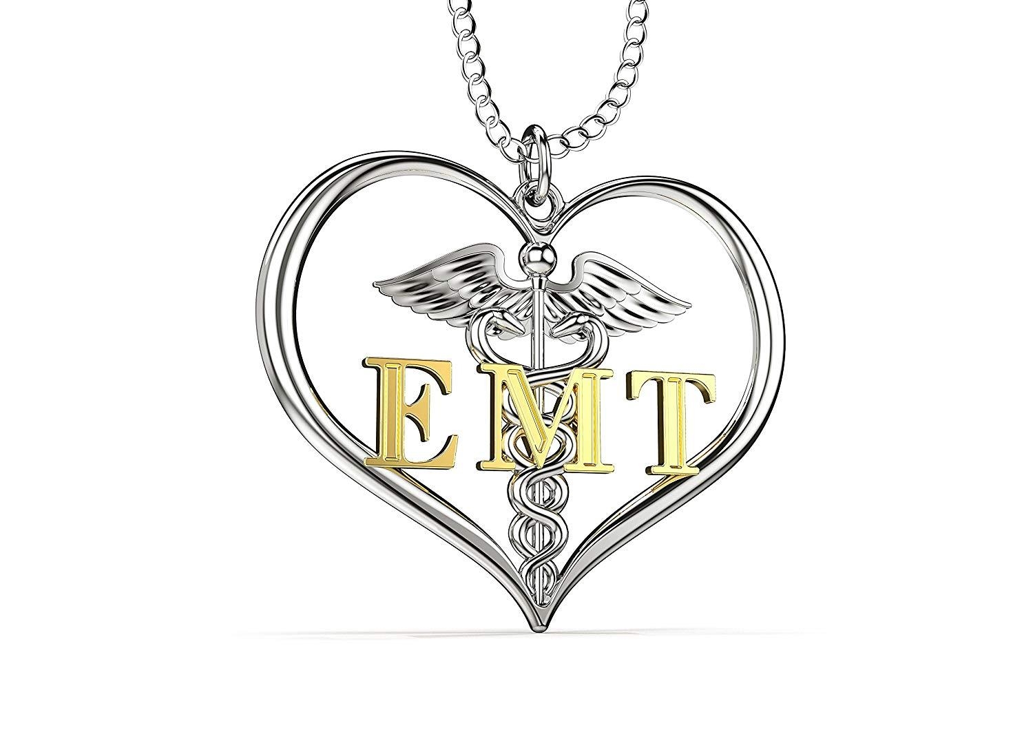 EMT “Emergency Medical Technician” Heart Shaped Necklace 18″ – Silver – Alloy – Caring Hands Gifts