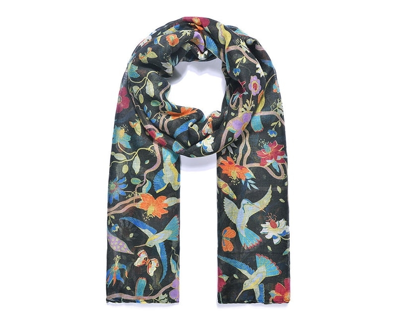 Long Soft Ladies Black Scarf With Printed Hummingbird Design – Fur2Feather Pet Supplies