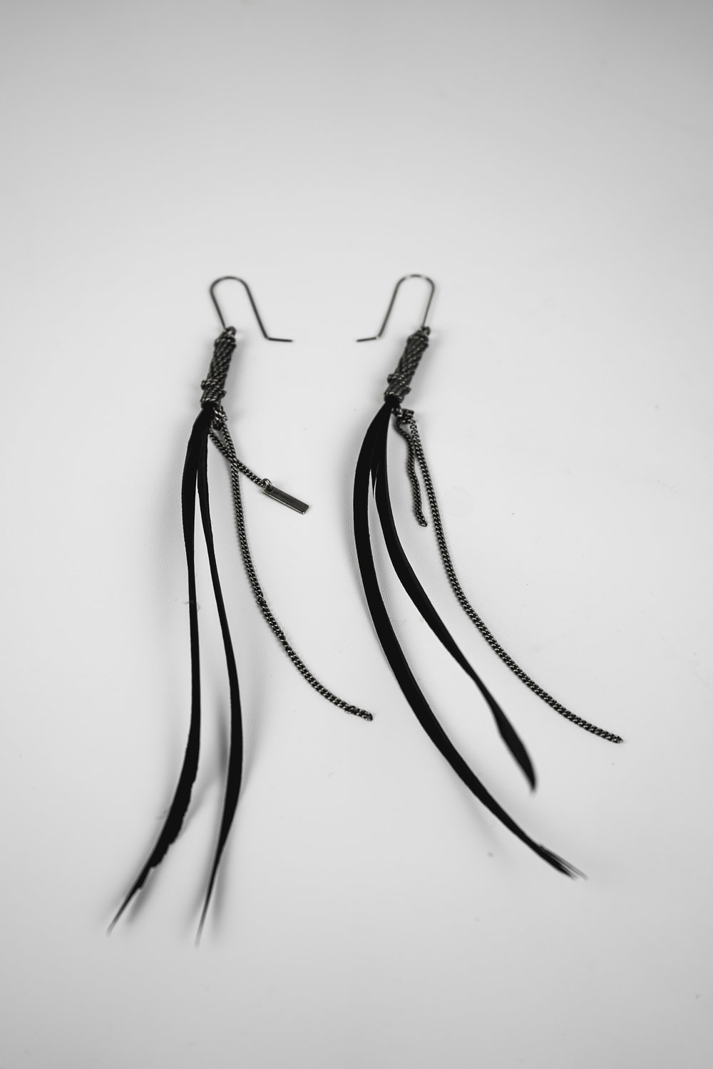 Ann Demeulemeester – Womens – Feather Earrings – Silver / Black – Two Chains