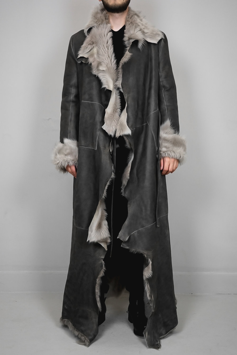 Ann Demeulemeester – Unisex – Coat – Grey – Fur / Leather – Front Strap Closing