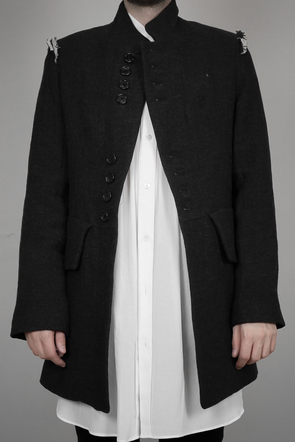 Ann Demeulemeester – Mens – Deconstructed Coat – Grey – Single Breasted – Linen / Wool / Cotton – Front Button Closing
