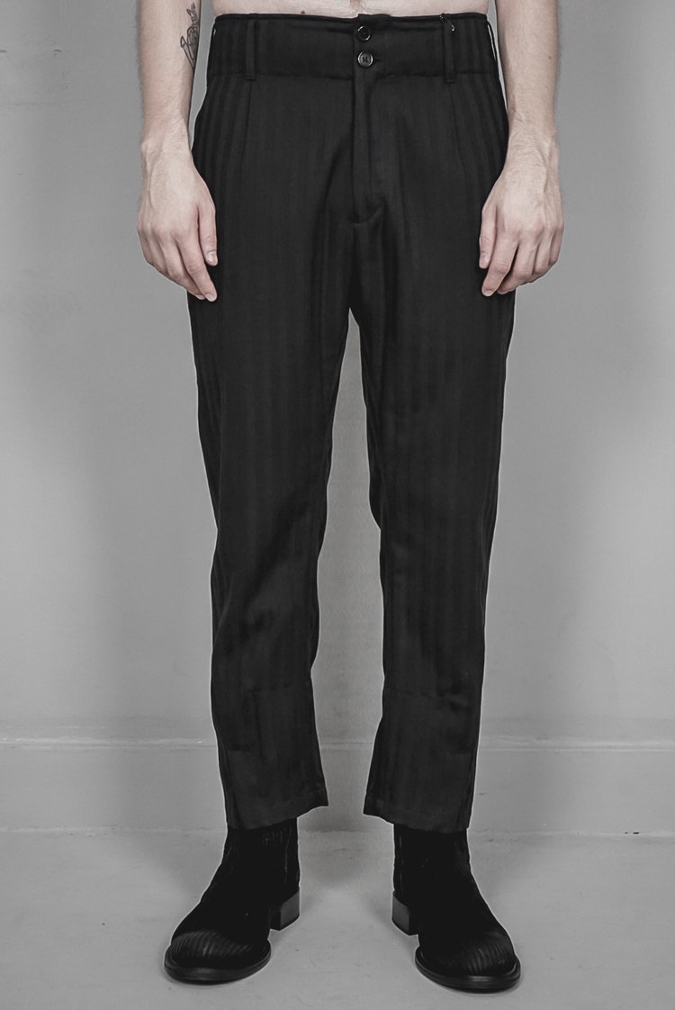 Ann Demeulemeester – Mens – Trousers – Black – Striped – Cotton & Rayon – Bottom Leg Vent