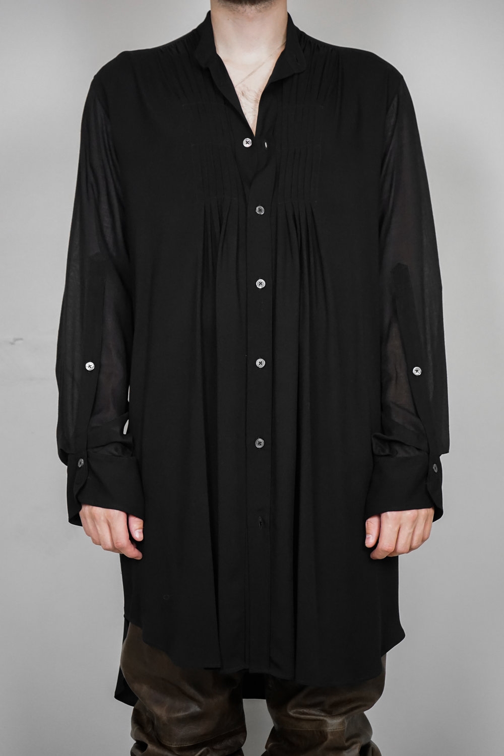 Ann Demeulemeester – Mens – Shirt – Black – Long Sleeved – Rayon-Cotton & Cashmere – Gathered Front