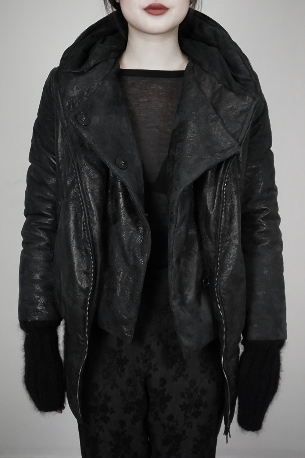 Ann Demeulemeester – Womens – Leather Jacket – Black – Ribbed Cuffs & Hem – Hood – Front Zipped Fastening