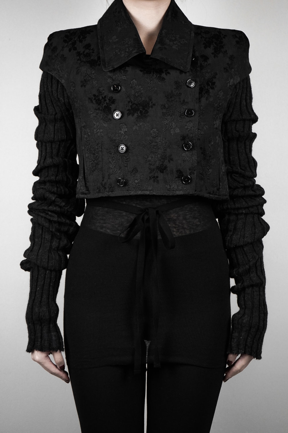 Ann Demeulemeester – Womens – Cropped Coat – Brocade – Black – Rayon / Mohair / Cotton – Double Breasted – Long Knitted Sleeves – Button Closing Front