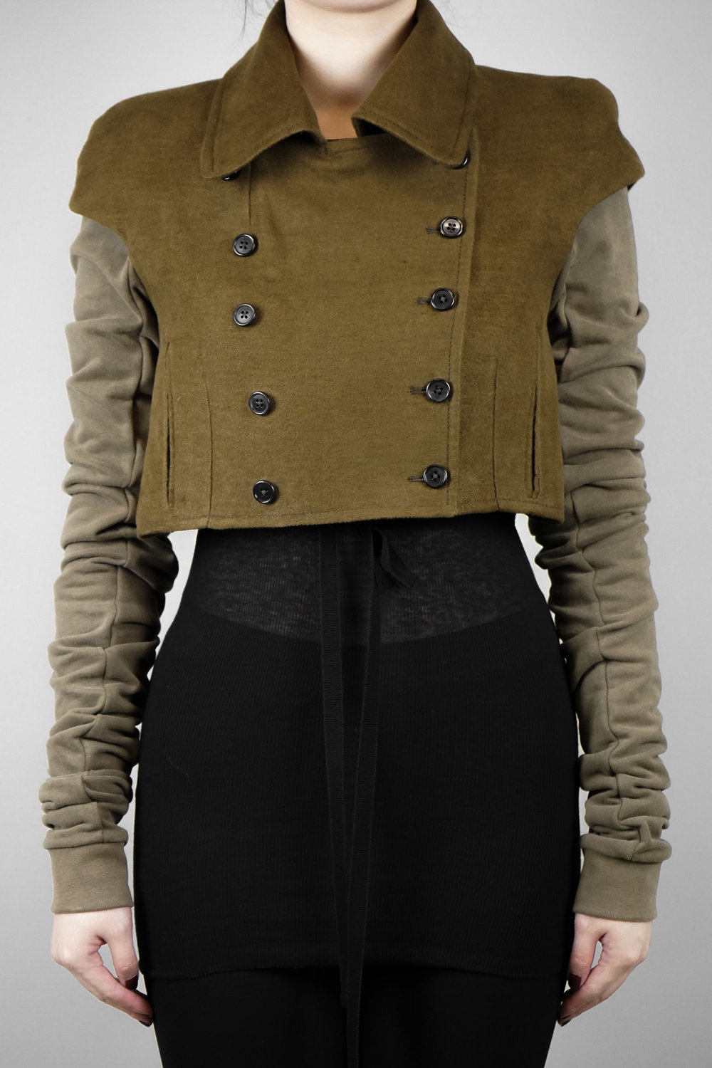 Ann Demeulemeester – Womens – Cropped Coat – Khaki / Brown – Cotton / Linen – Double Breasted – Long Cotton Sleeves