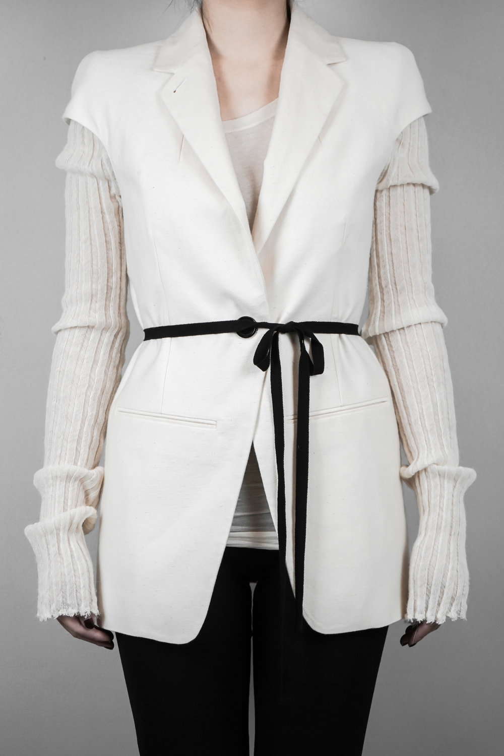Ann Demeulemeester – Womens – Mid-Length Coat – Cream – Cotton / Linen / Mohair – V-Neck – Long Knitted Sleeves – Front Button Fastening