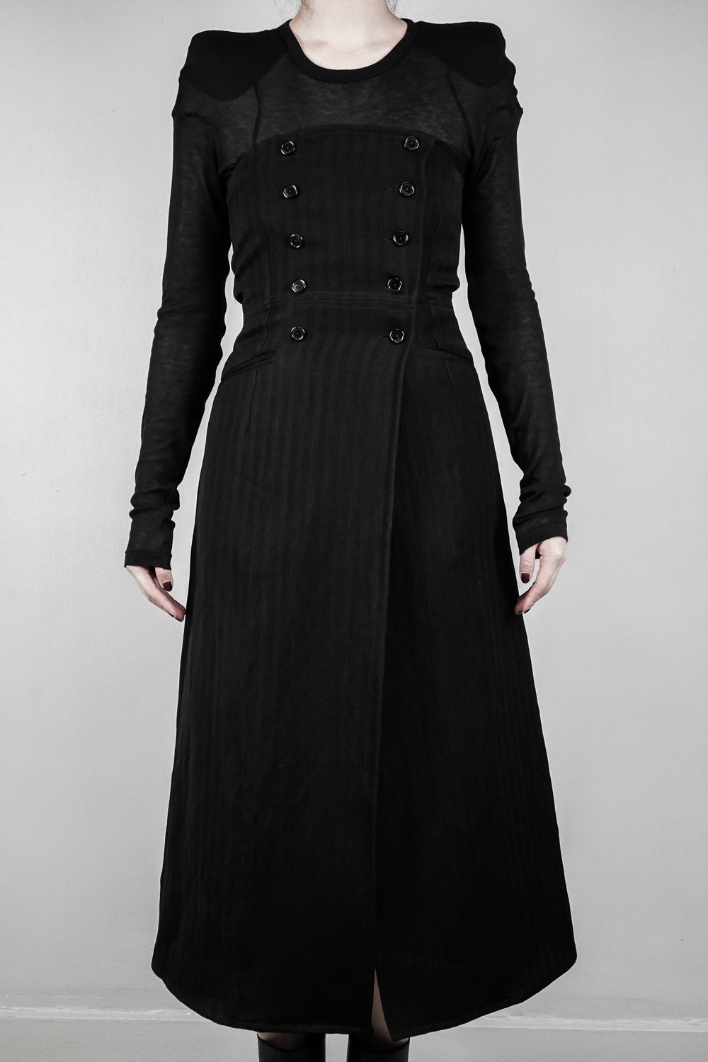 Ann Demeulemeester – Womens – Long Skirt – Striped – Black – Fleecewool / Acetate – Double Breasted – High Waist