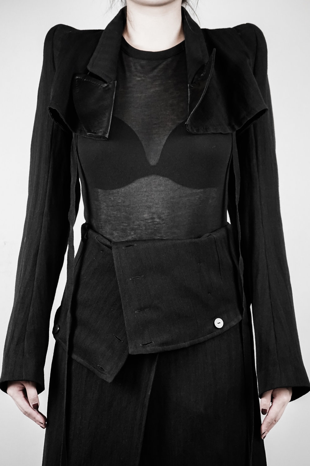 Ann Demeulemeester – Womens – Cropped Jacket – Striped – Black – Fleecewool / Acetate – Front Strap Closing – Silky Lapels