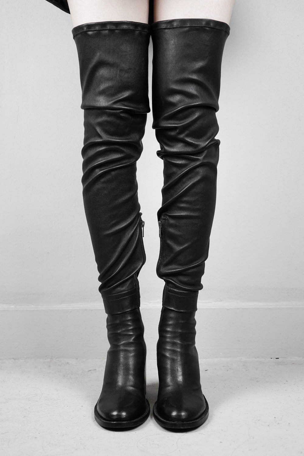 Ann Demeulemeester – Womens – Thigh High Boots – Black – Leather – Almond Toe – Chunky Mid Heel