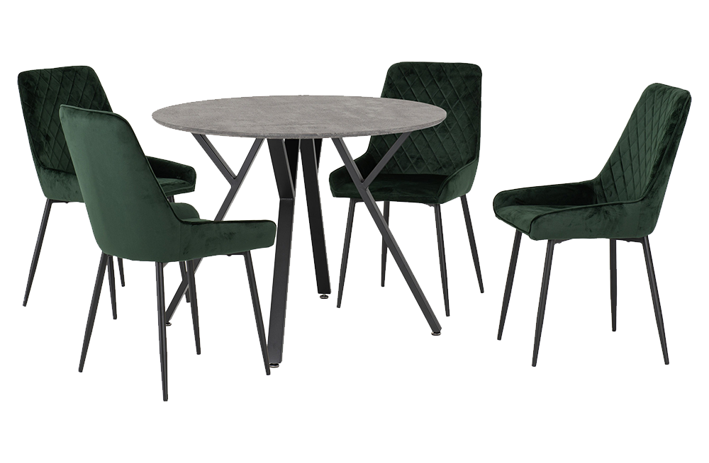 Athens Round Dining Set With Avery Chairs Concrete Effect/Black/Emerald Green Velvet – Furnishop