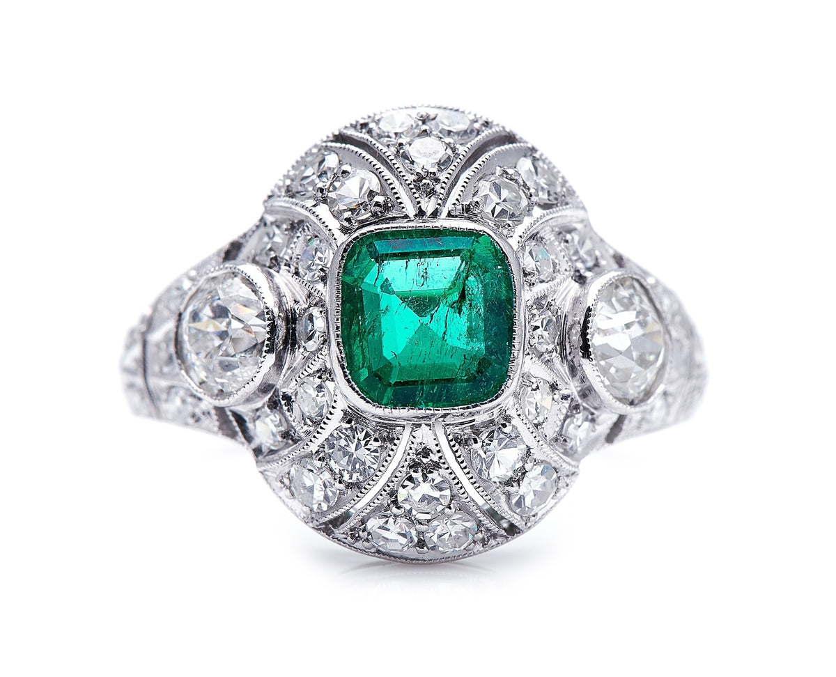Antique Art Deco, Platinum, Colombian Emerald and Diamond Cluster Ring – Vintage Ring – Antique Ring Boutique