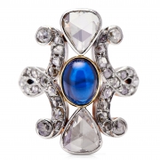 Belle Époque, 18ct Gold, Cabochon Sapphire and Rose-Cut Diamond Ring – Vintage Ring – Antique Ring Boutique