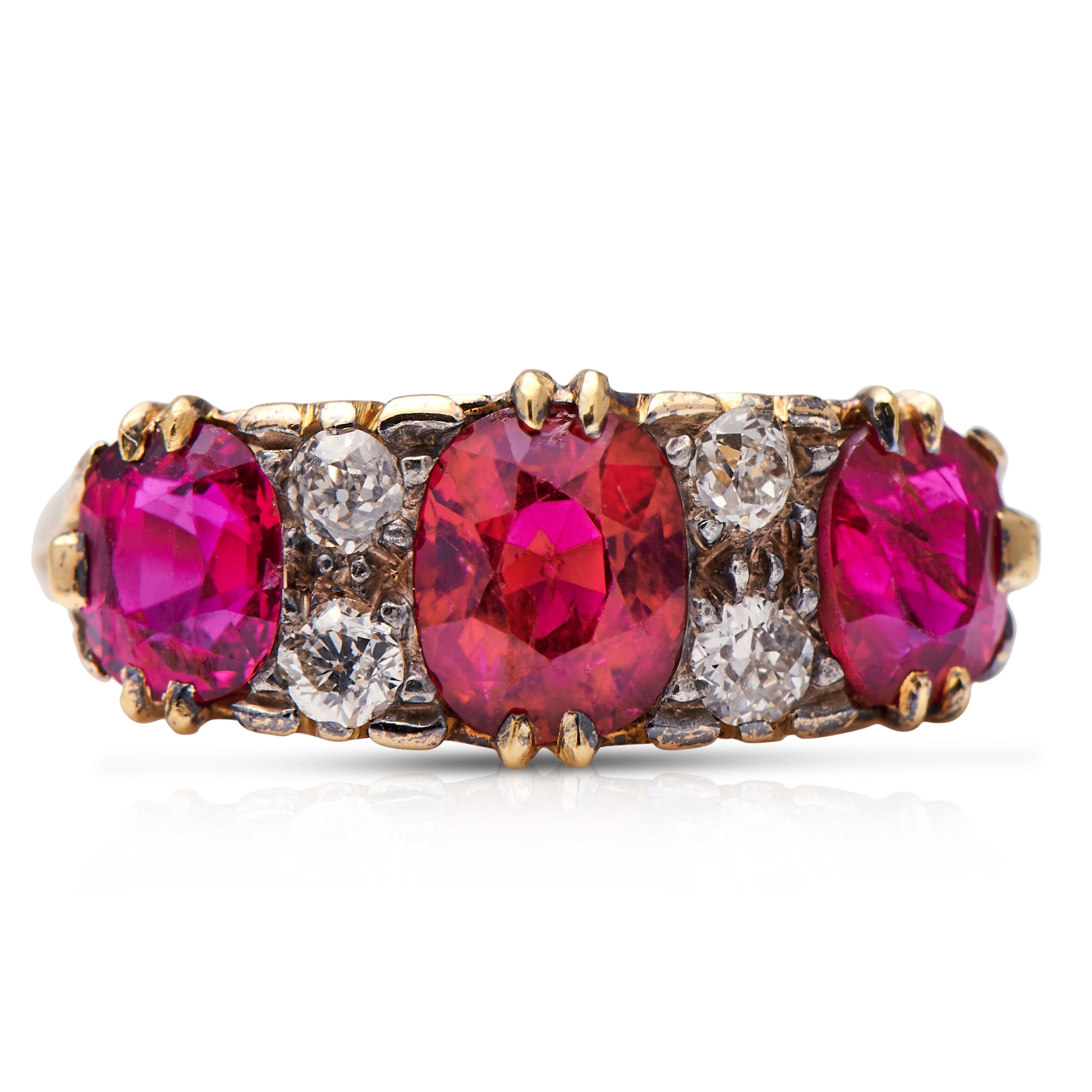 Victorian, 18ct Gold, Ruby and Diamond Three Stone Ring – Vintage Ring – Antique Ring Boutique