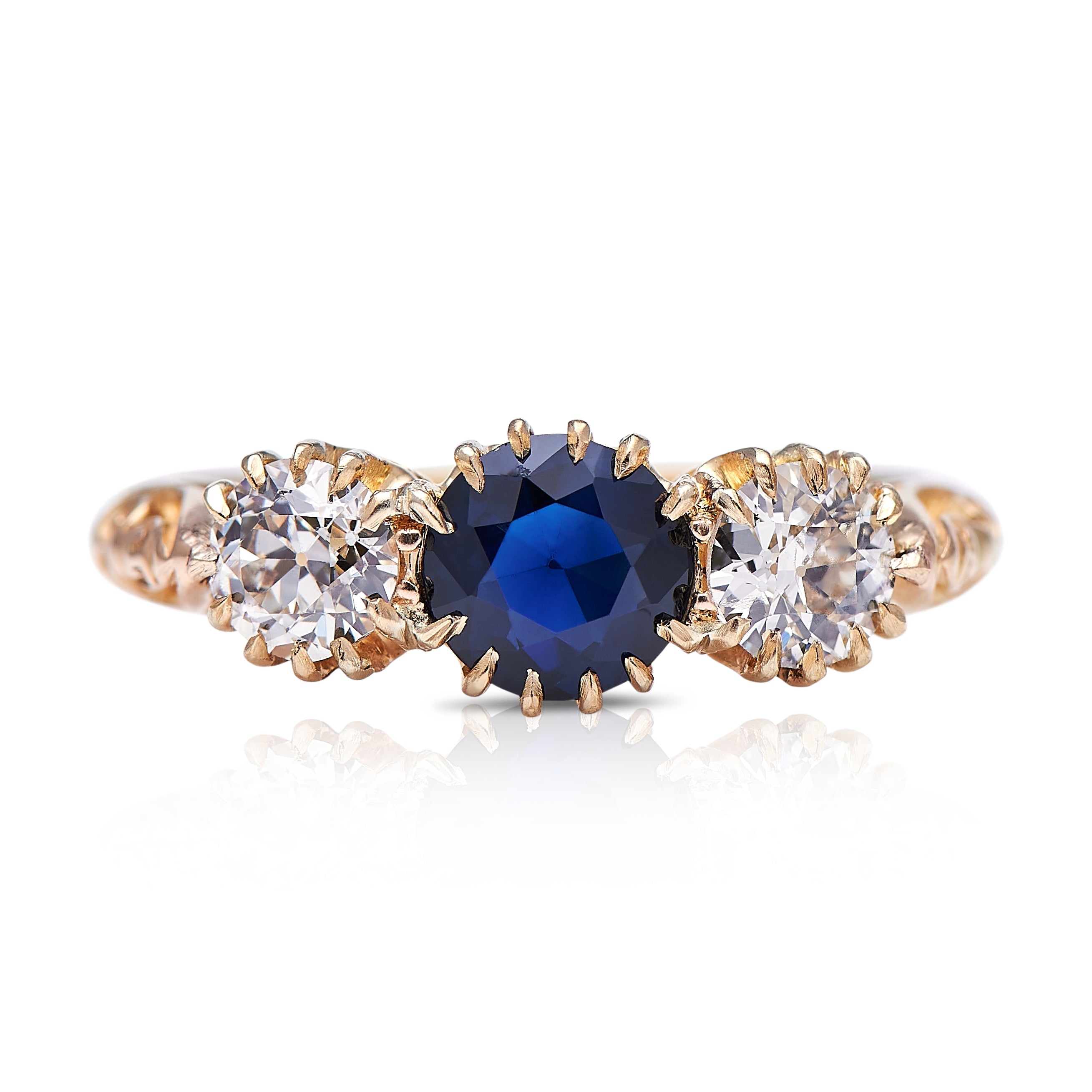 Edwardian, 18ct Gold, Sapphire and Diamond Three Stone Ring, Edwardian – Diamond – Blue – Vintage Ring – Antique Ring Boutique
