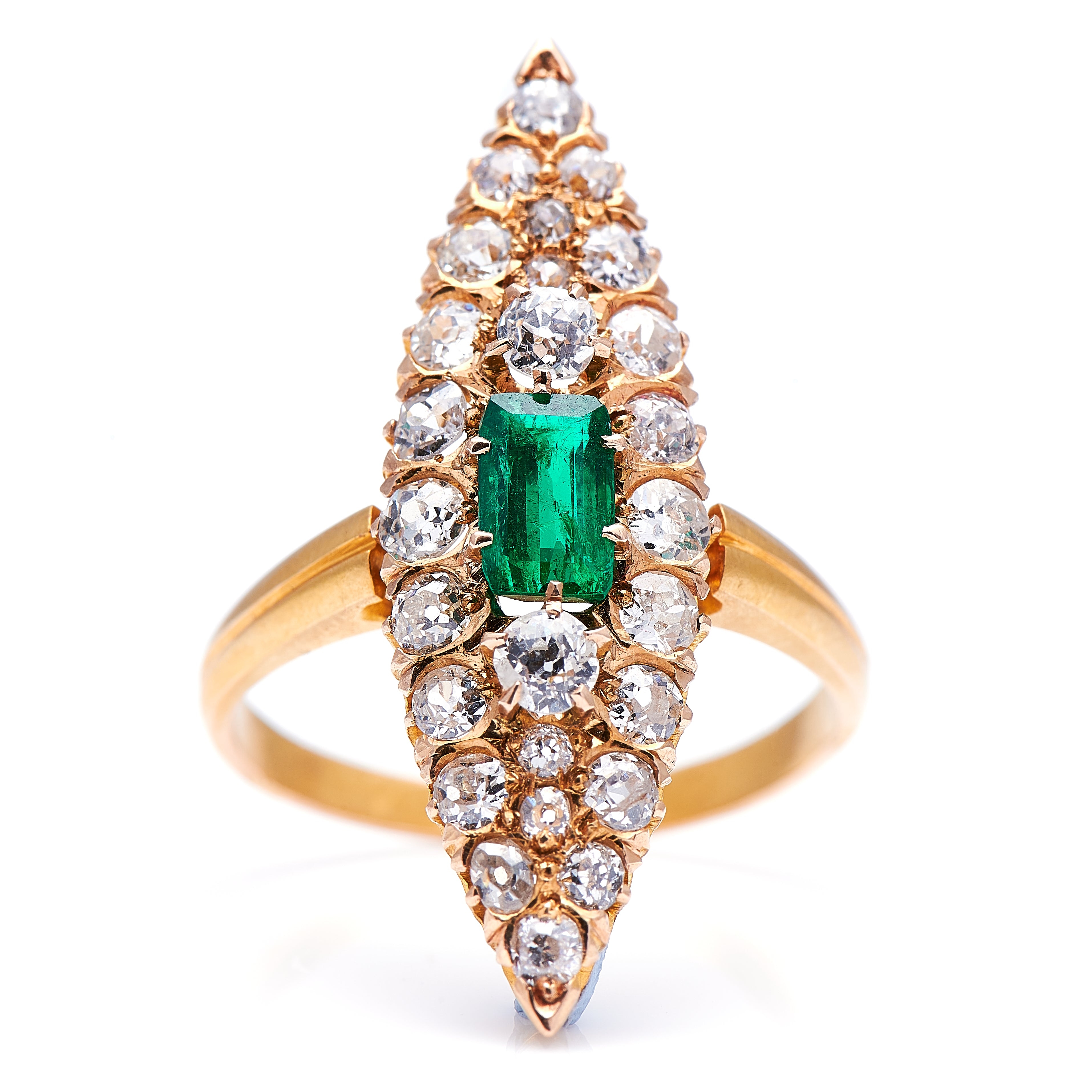 Belle Époque, French, Emerald and Diamond Marquise Cluster Ring, Original Box – Vintage Ring – Antique Ring Boutique