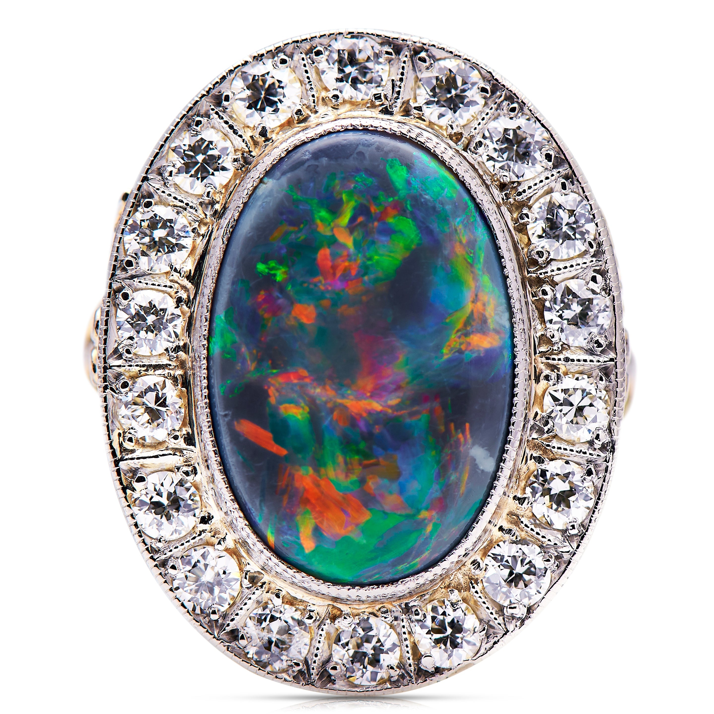 Art Deco | Black Opal and Diamond Cluster Ring – Vintage Ring – Antique Ring Boutique