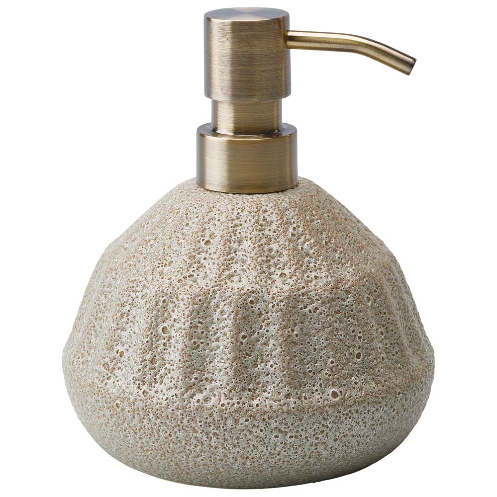 Aquanova – Aura Soap Dispenser – Beige / Orange / Gold – Stoneware / Reactive Bubble Glaze / Zinc Alloy – 14cm