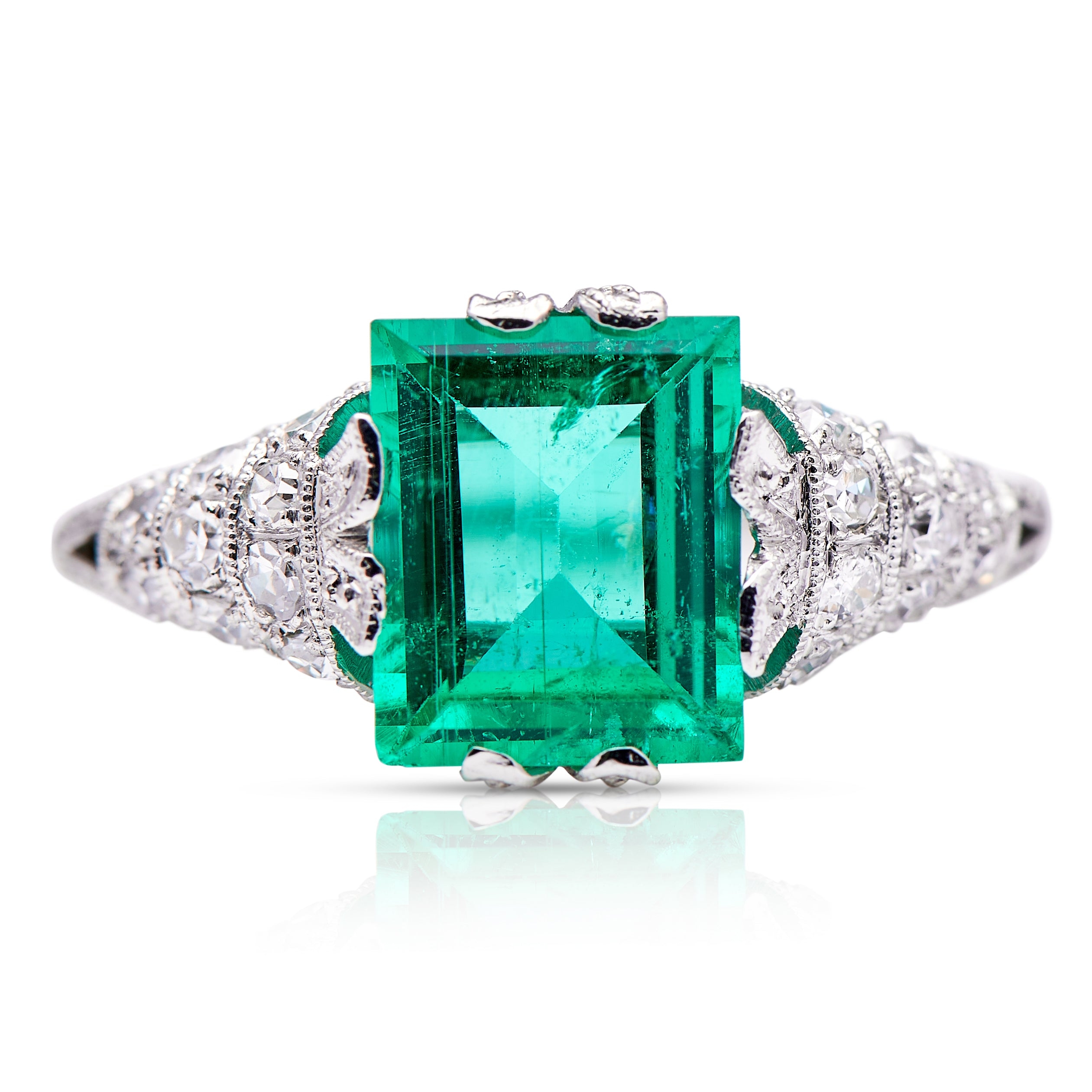 Art Deco, Platinum, Emerald and Diamond Ring – Vintage Ring – Antique Ring Boutique