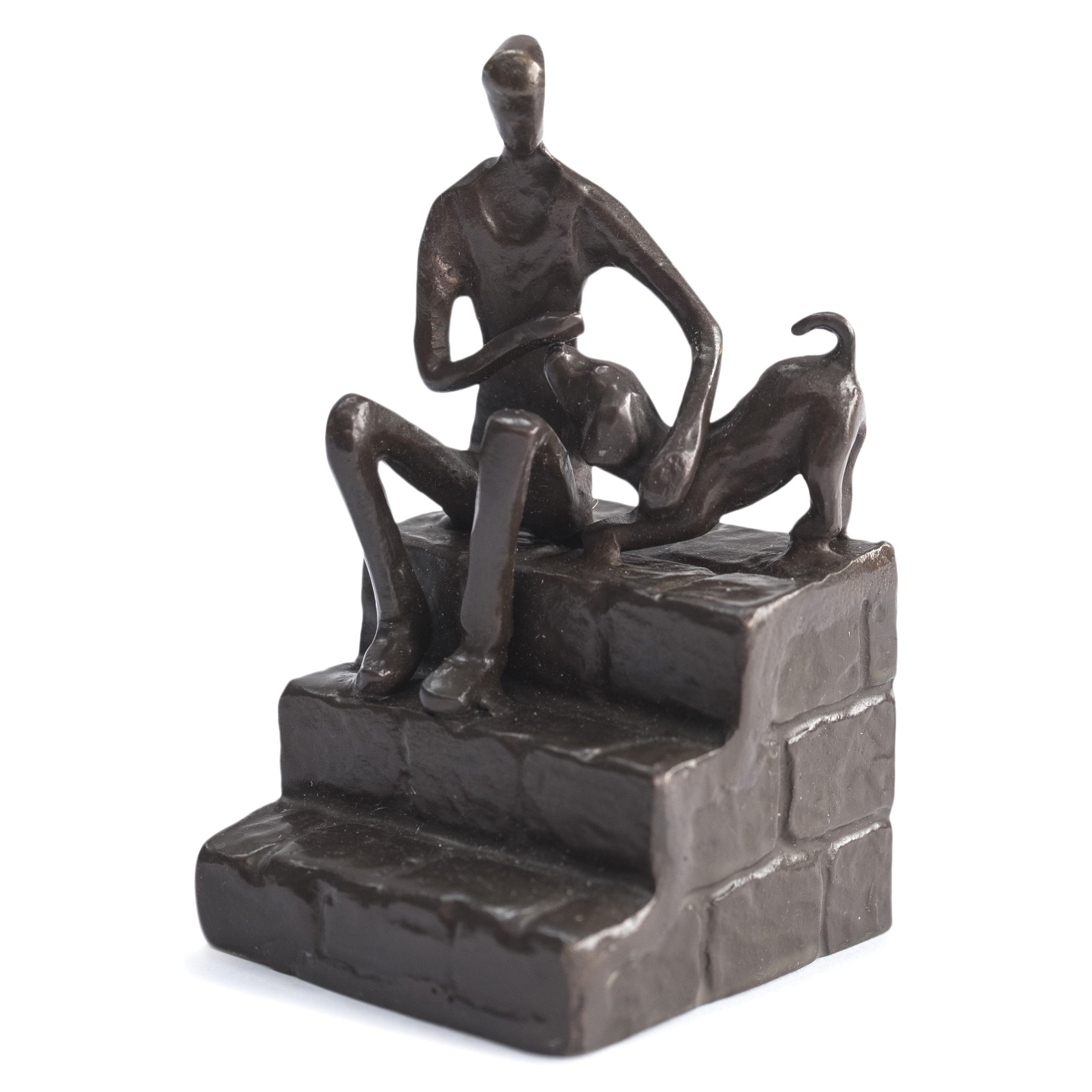 Solid Bronze Sculpture – Man and Dog on Steps – 12cm x 7cm x 7cm