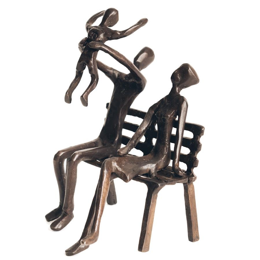 Solid Bronze Sculpture – Family on Bench -15cm x 11cm x 12cm