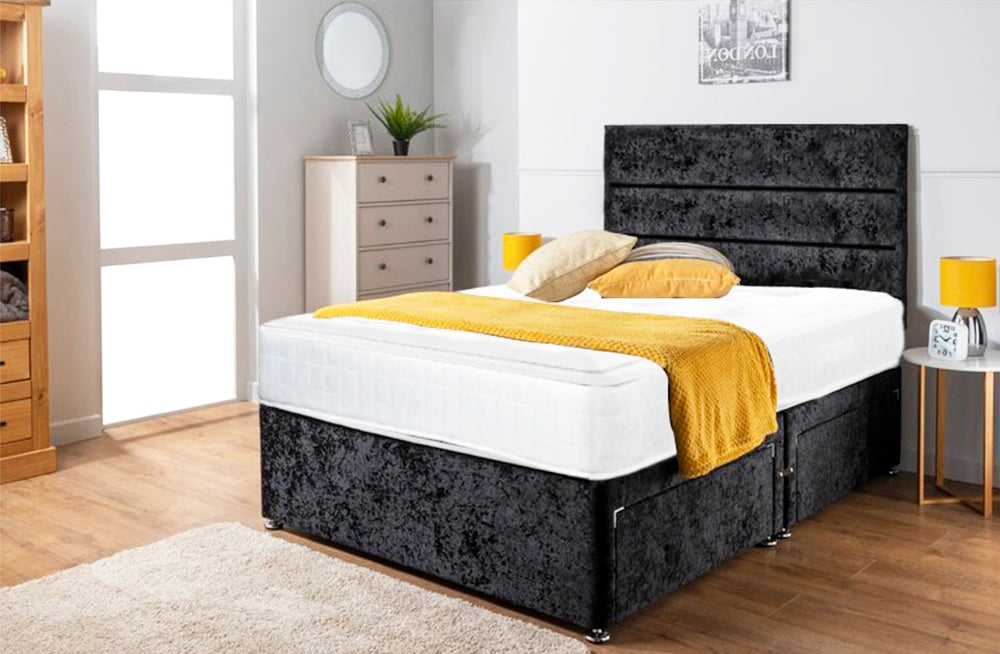 Black Crushed Divan Bed Set With 3 Panel Headboard And Free Pillow Top Mattress – Furnishop