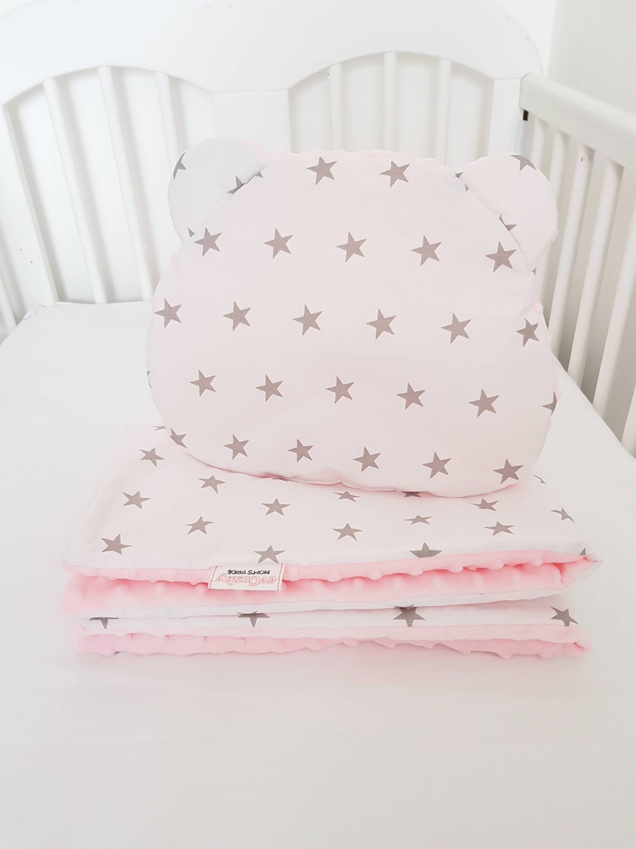 Blanket & Pillow Set Newborn Grey Stars In Pink Blue & Grey – Pink – evCushy
