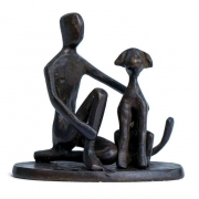 Solid Bronze Sculpture – One man and his Dog – 9cm x 9cm x 5cm
