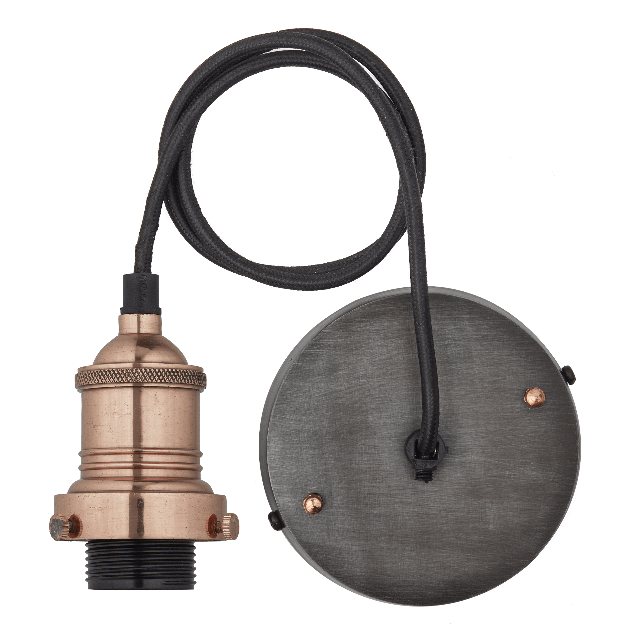 Industville – Brooklyn Cord Set Es E27 Bulb Holder – Copper & Fabric Flex – Lighting Accessory – Copper Colour – Brass / Copper Material – 6 X 11CM