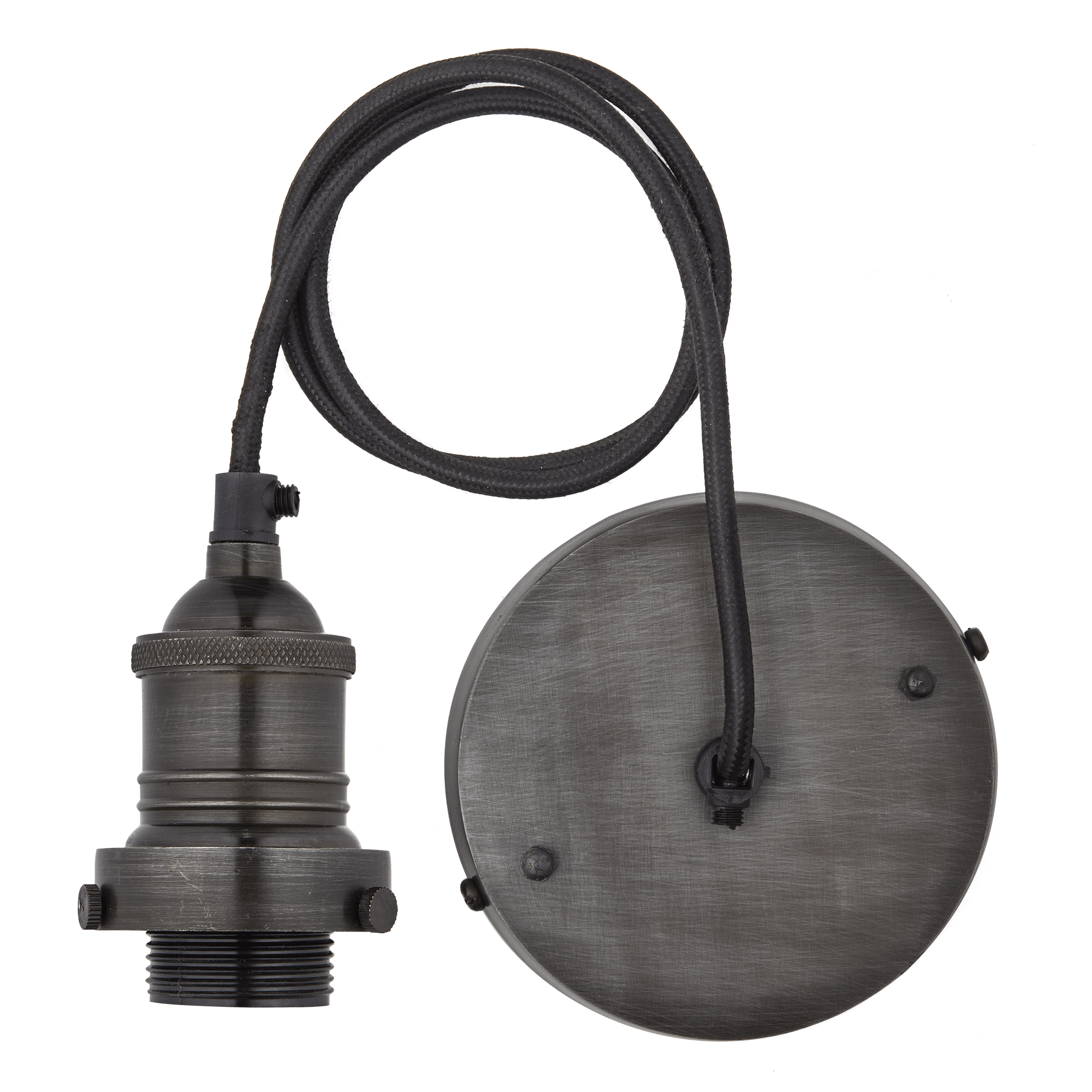 Industville – Brooklyn Cord Set Es E27 Bulb Holder – Pewter & Fabric Flex – Lighting Accessory – Black / Grey Colour – Pewter / Brass Material – 6 X 11CM