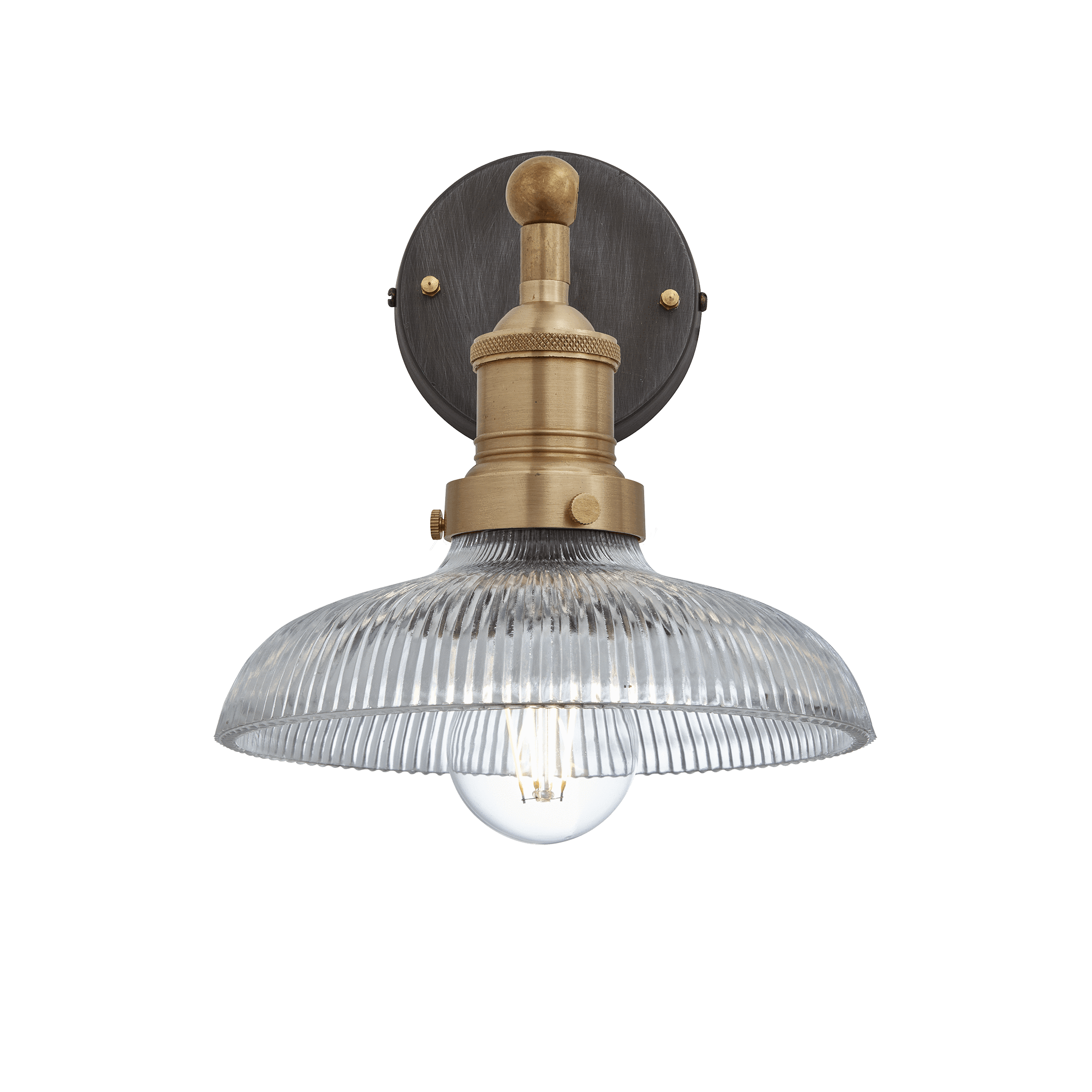 Industville – Brooklyn Glass Dome – 8 Inch – Wall Light Fixture – Brass / Black / Clear Colour – Brass / Pewter / Glass Material – 25.5 CM X 20 CM X 28 CM