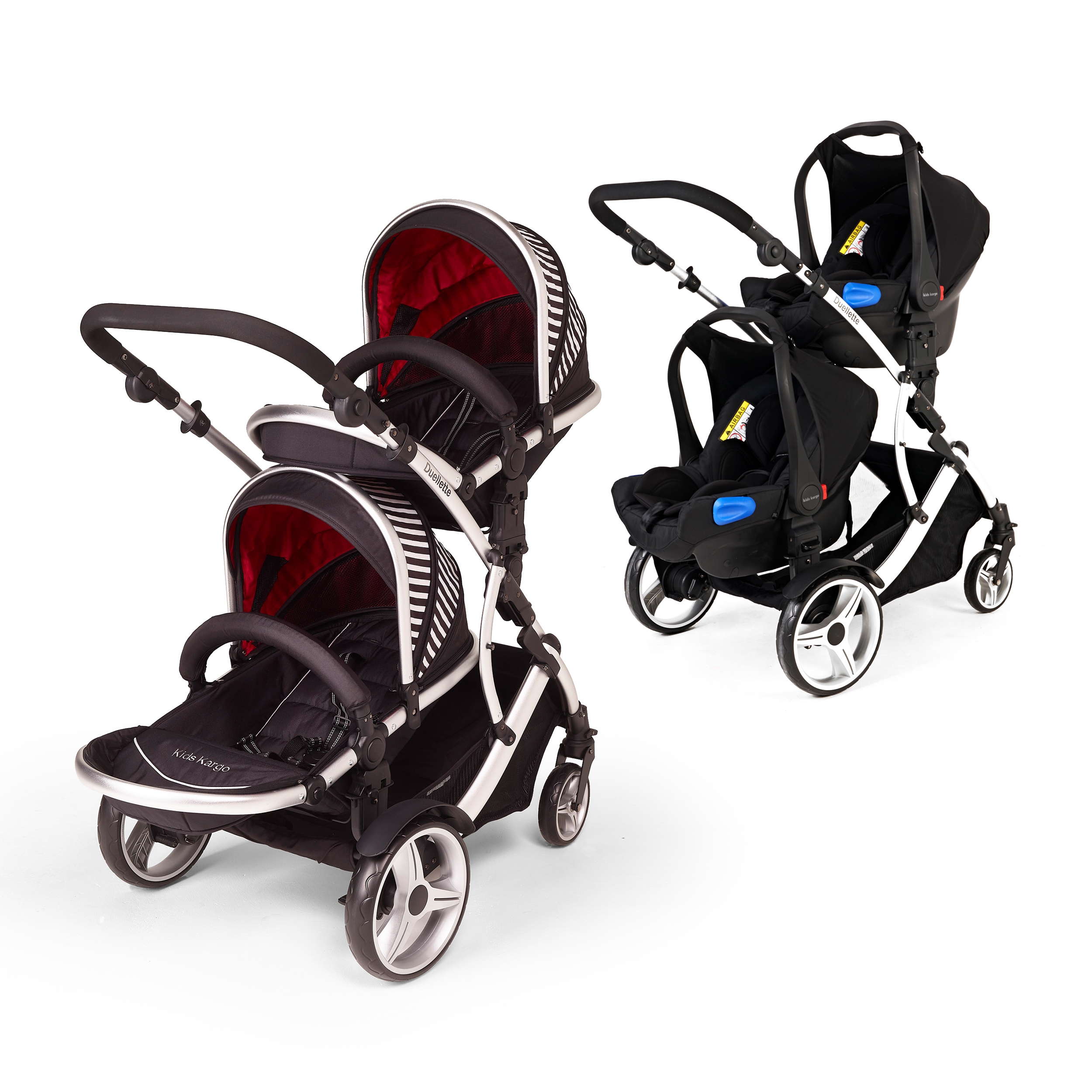 Buy Now Pay Later Kids Kargo Duellette Hybrid with 2 Isofix Car Seats Travel System Double Tandem Twin Pushchair Pram