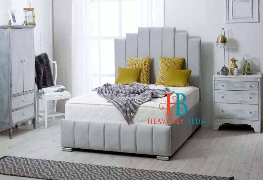 Bethany Art Deco Panel Upholstered Bed Frame – Crushed Velvet, Plush Velvet, Chenille, Naples – Heavenly Beds