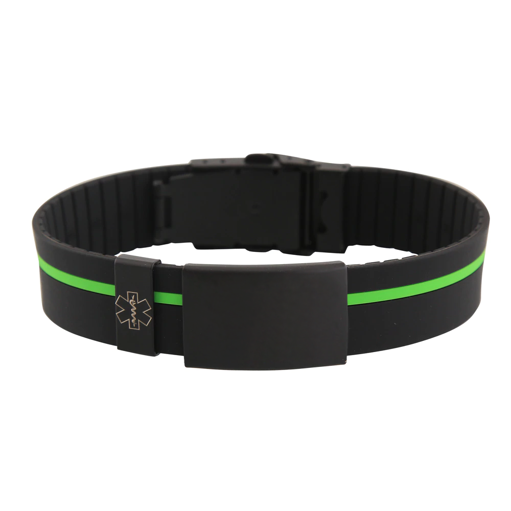 Sports Plus+ Medical Alert Bracelets Black / Green Stripe – Personalised Medical