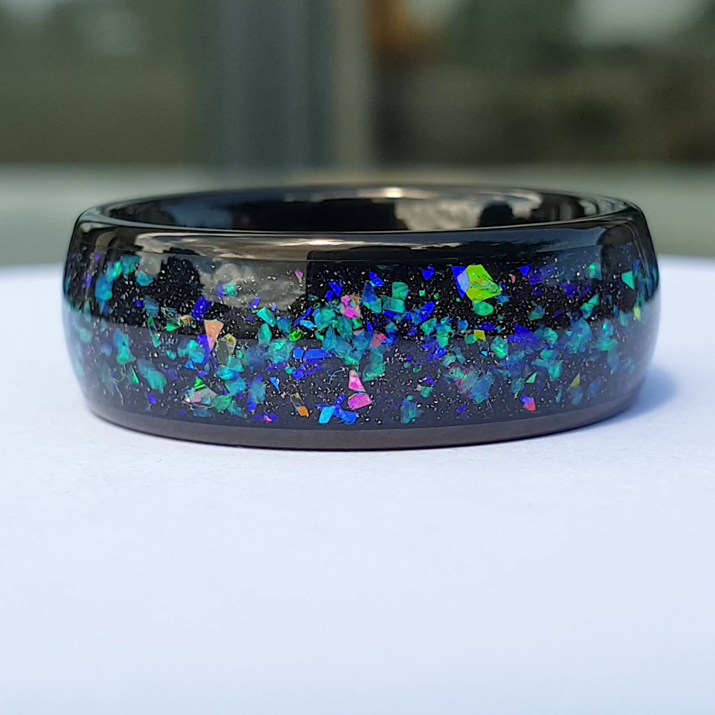 Multi-Coloured Opal Polished Black Tungsten Mens 8mm Wonder Ring UK Z+5 / US 15 – Rock Solid Rings