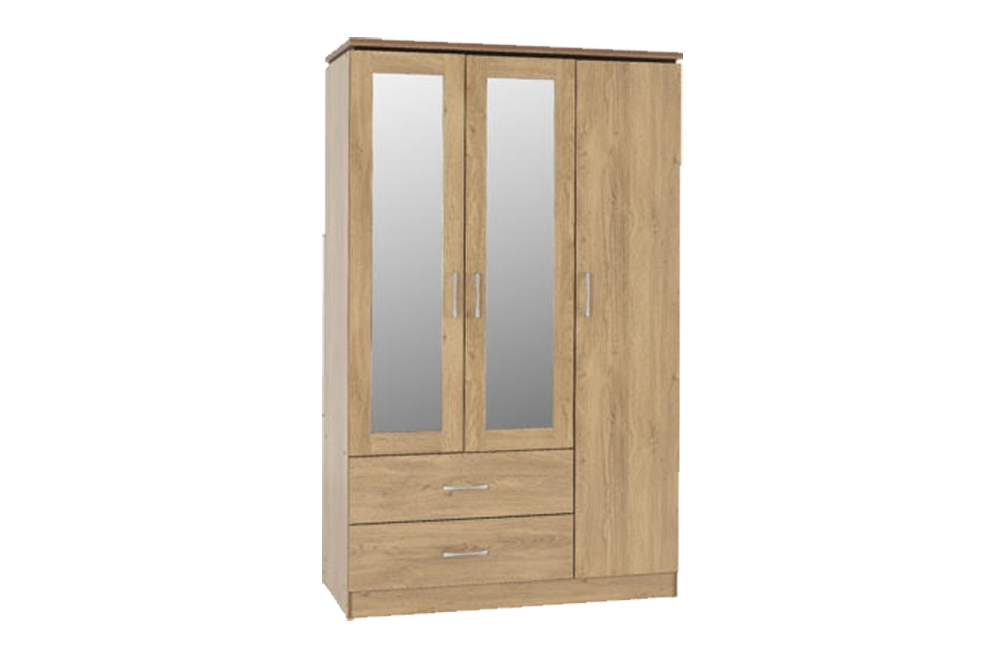 Charles 3 Door 2 Drawer Mirrored Wardrobe – Oak Effect Veneer With Walnut Trim – Furnishop
