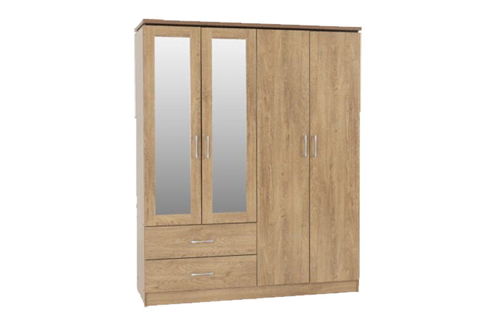 Charles 4 Door 2 Drawer Mirrored Wardrobe – Oak Effect Veneer With Walnut Trim – Furnishop