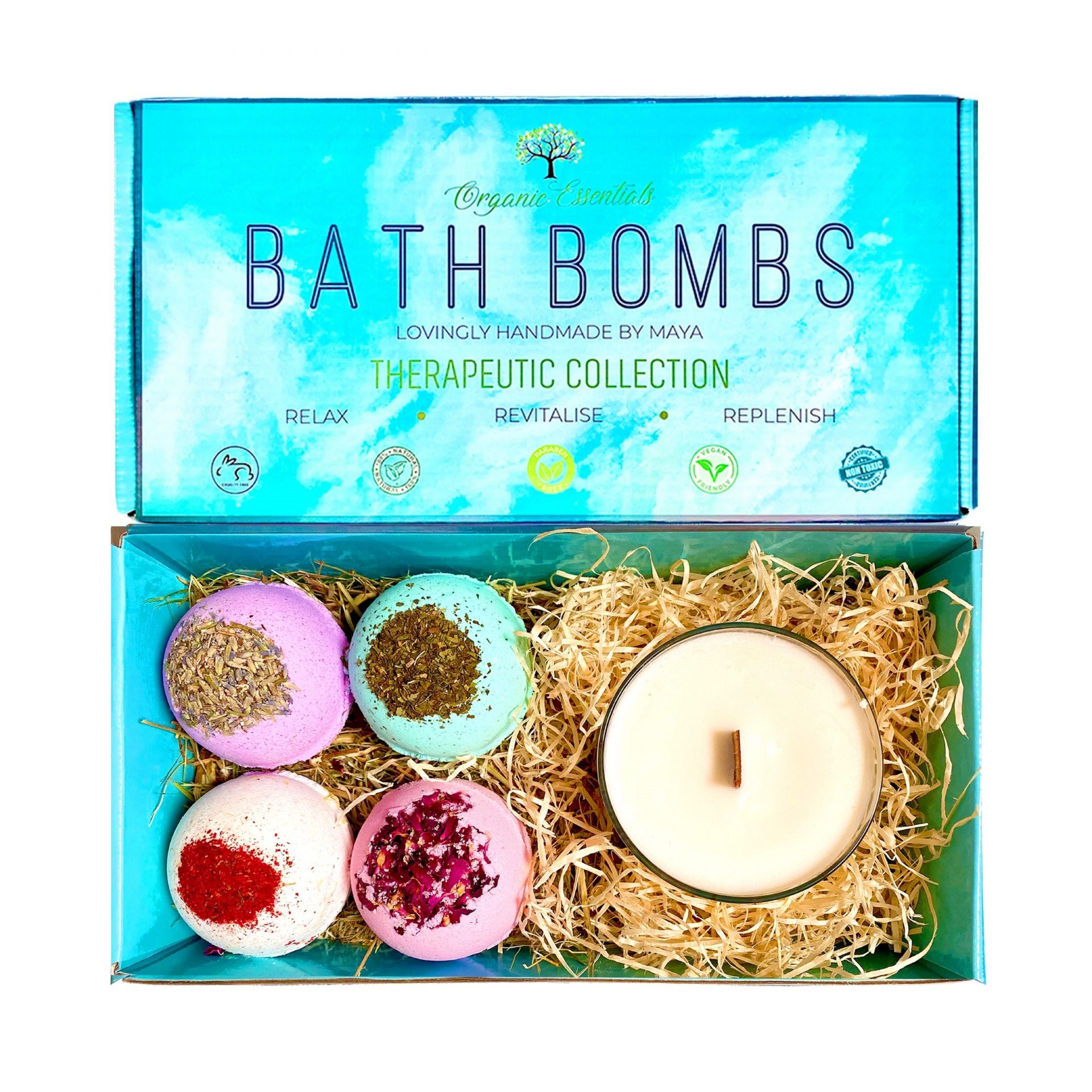 Therapeutic Bath Bomb Gift Set with Coconut & Monoi Scented Candle with Wood Wick – Develop-free – Ethikel
