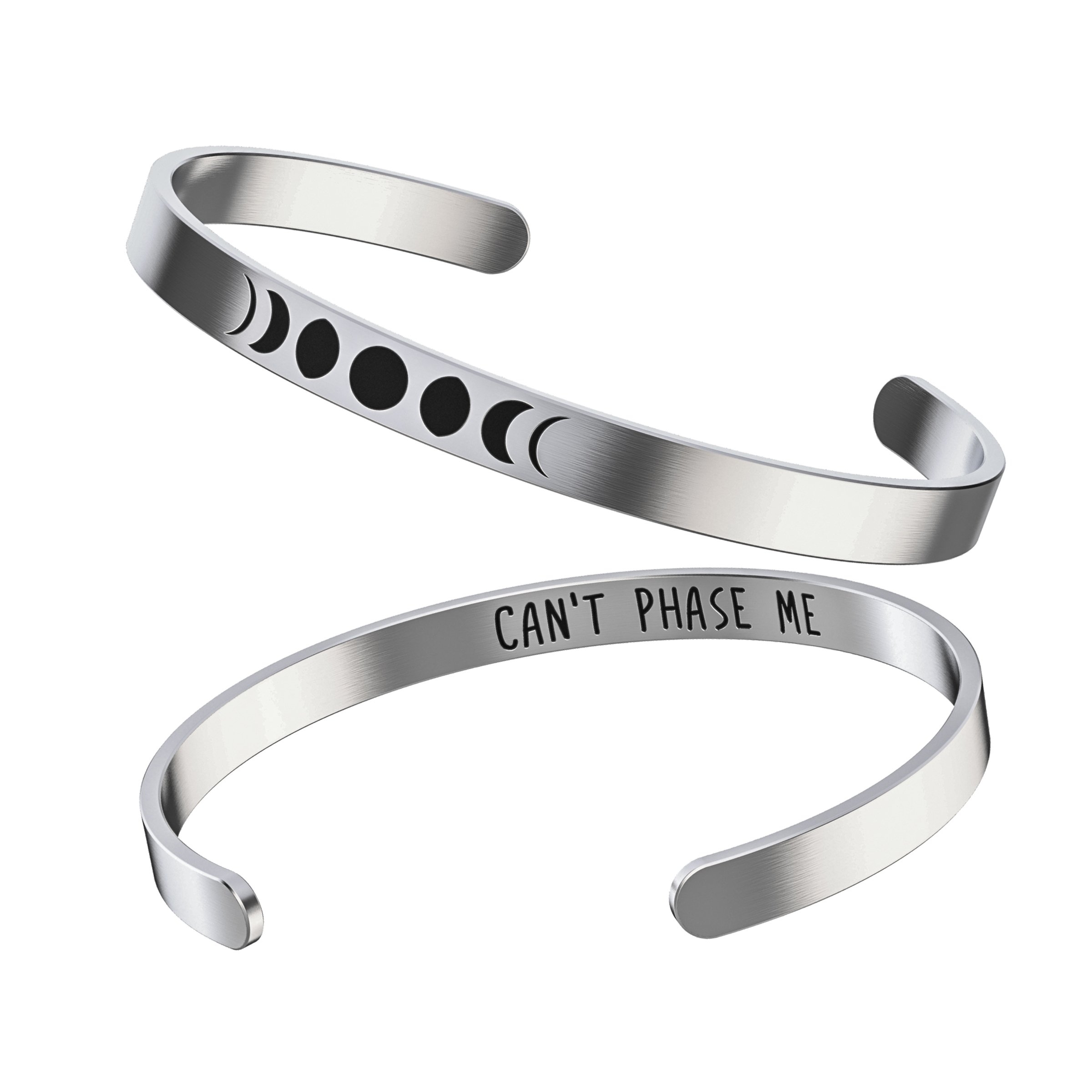 Moon Phases Bracelet – Moon Gifts For Women – Cute Stainless Steel Bangle – Silver Cuff With “Can’t Phase Me” Inspirational Quote – Happy Kisses