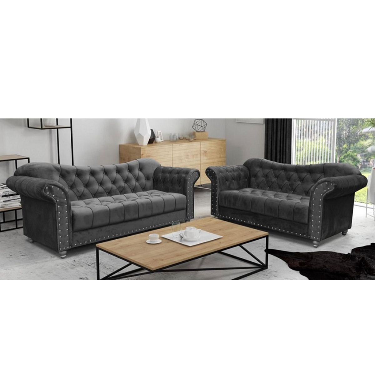 Chesterfield Elegance Grey Fabric 3 + 2 Seater Sofa Set – The Online Sofa Shop