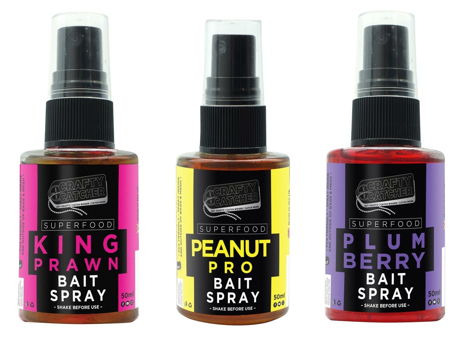 Crafty Catcher Superfood Bait Spray 50ml-Peanut Pro, King Prawn, Plum berry Plum Berry – Fur2Feather Pet Supplies