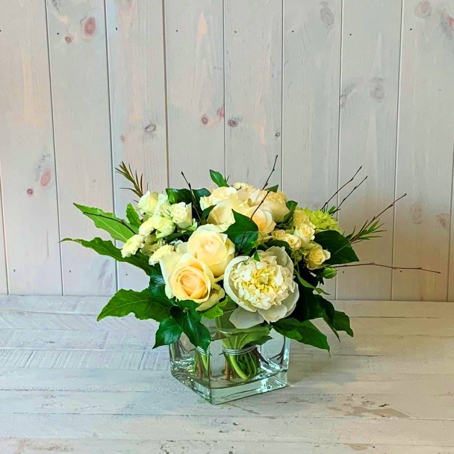 Creams and Greens Flower Arrangement in Vase. Standard – Blooming Amazing