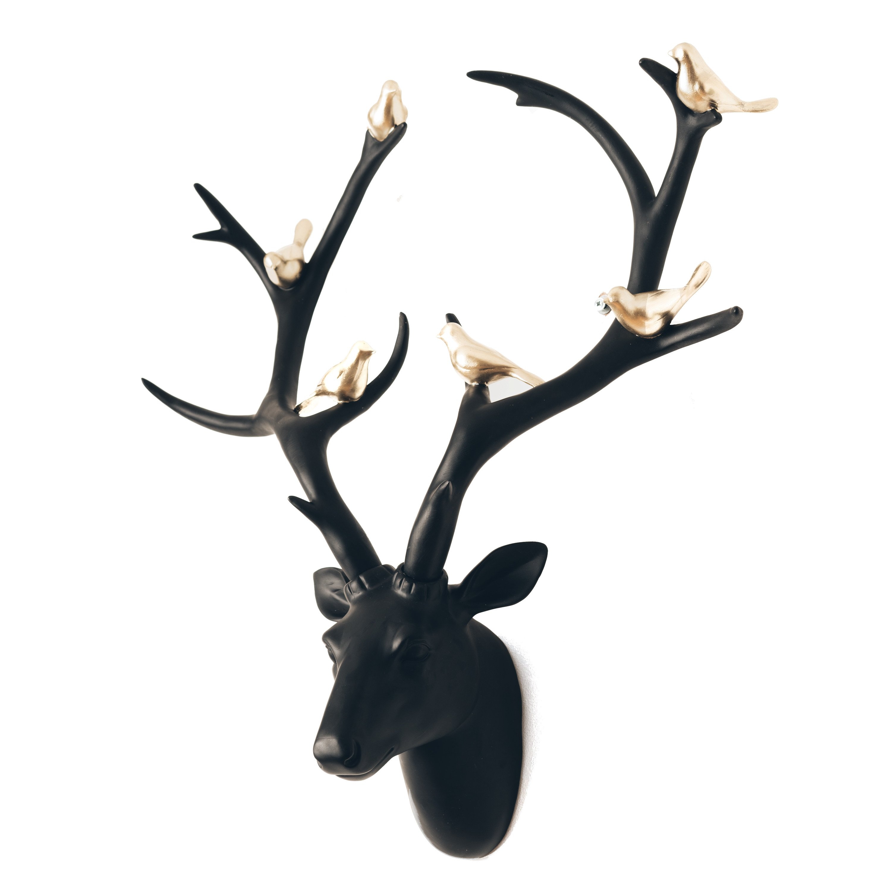 Sculpture Black Stag Head with Gold Birds – 60cm x 54cm x 18cm