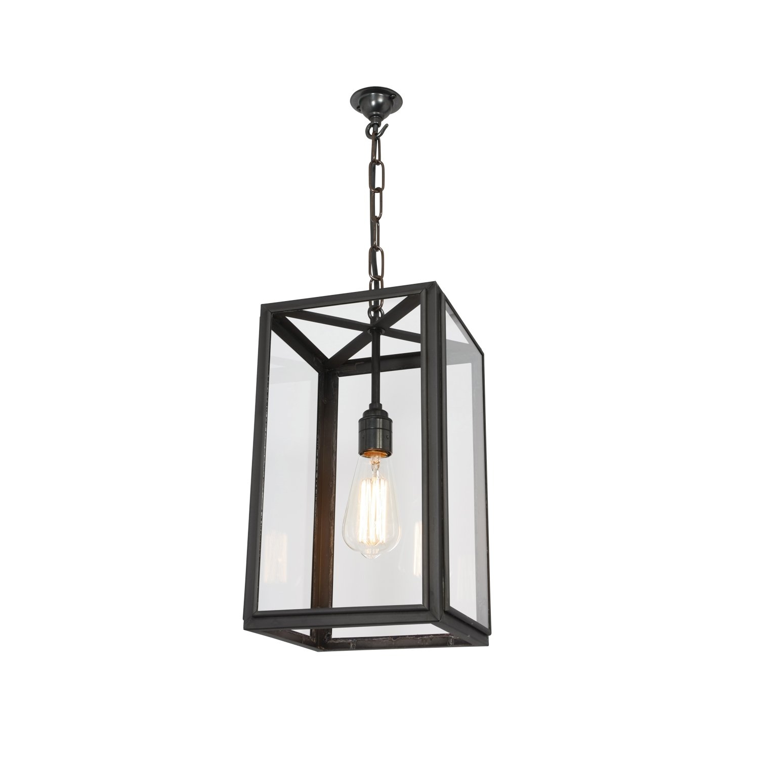 Davey Lighting – Small Square Pendant External Glass – Weathered Brass – Clear Glass 210 X 220 X 380 mm