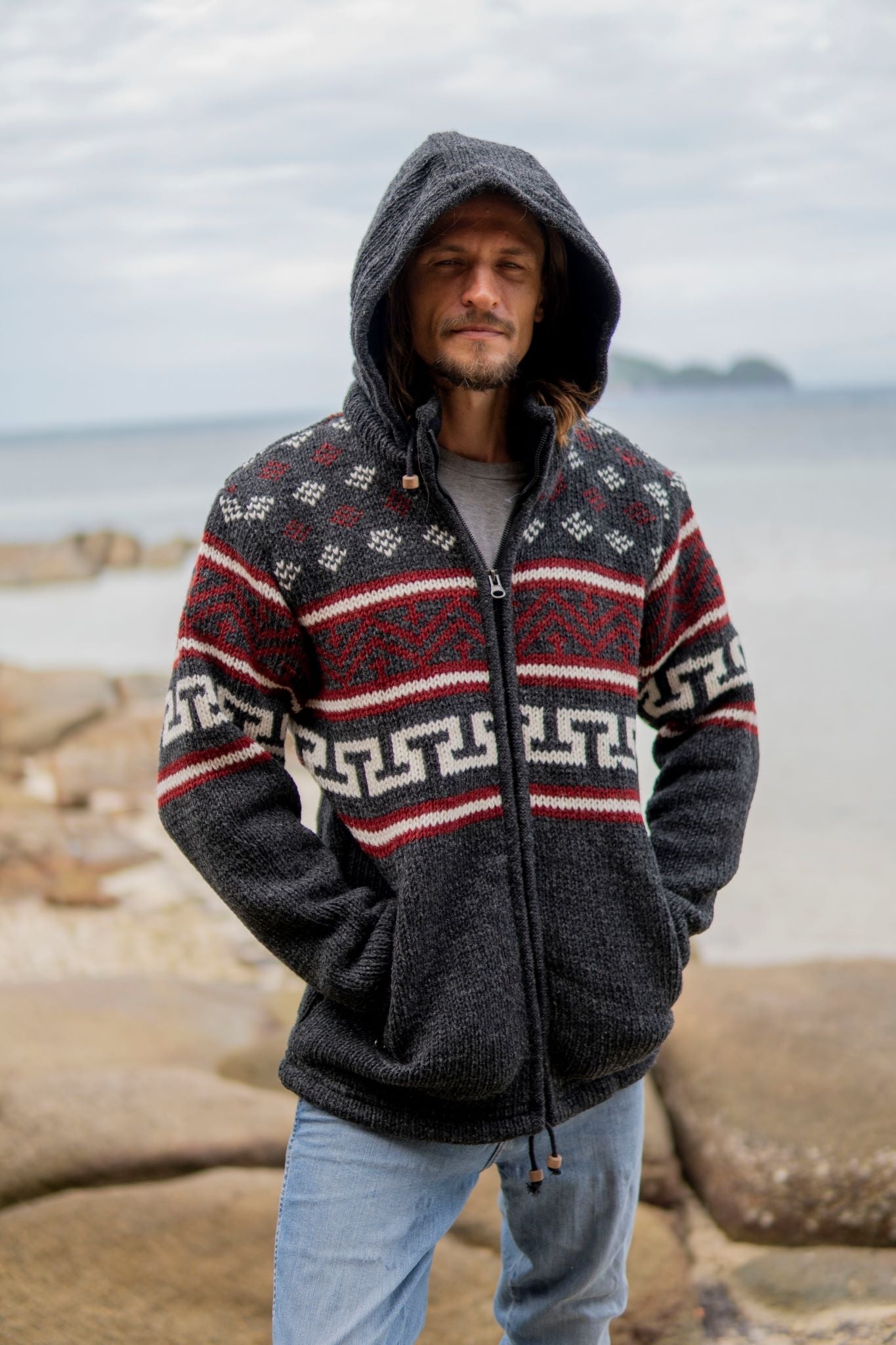 Wool Jacket – Aztec Pattern – Charcoal – Small – The Karmic Chameleon