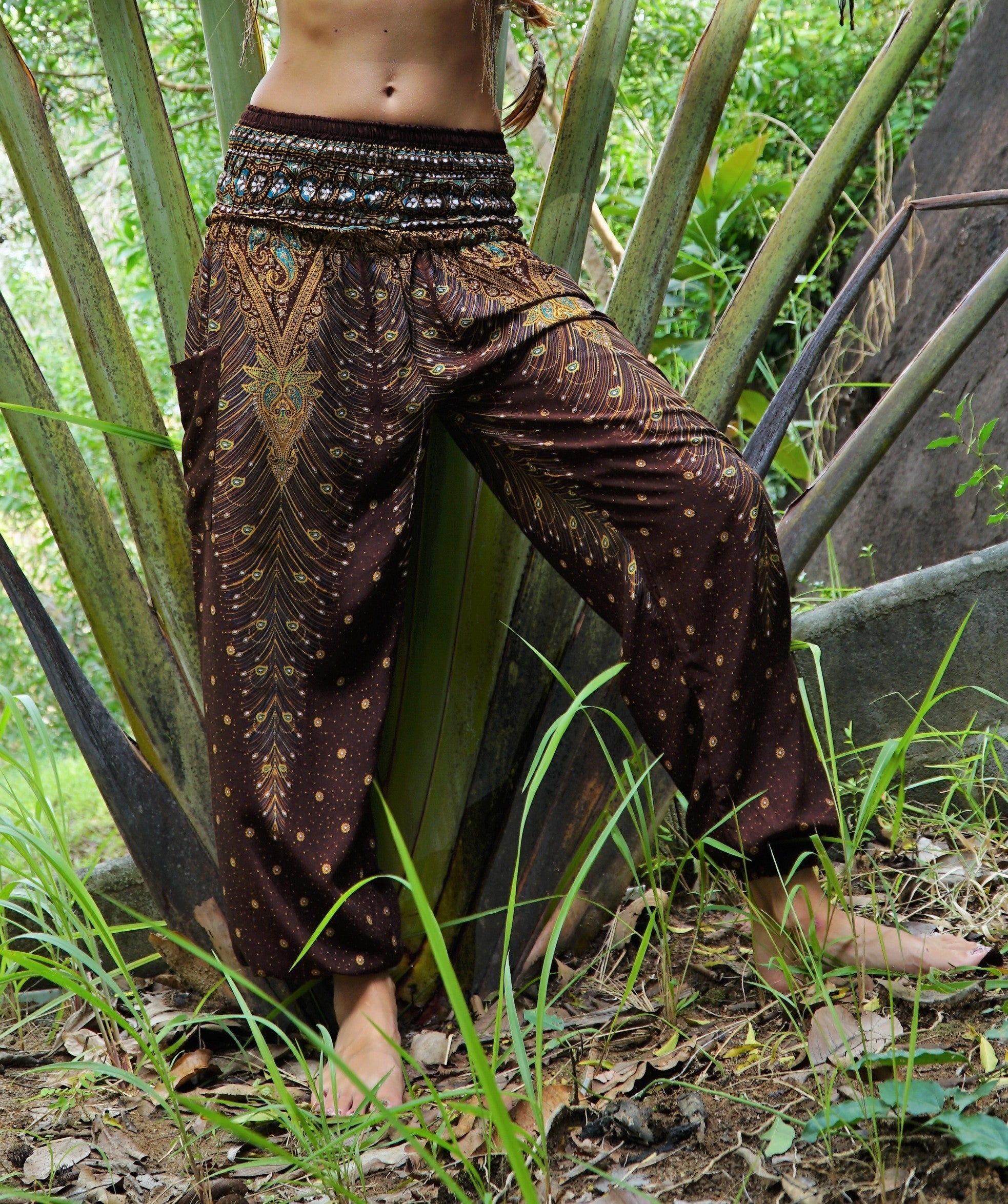 High Cut Harem Pants – Peacock Feather – Brown – Small / Brown With Gold Feather – The Karmic Chameleon